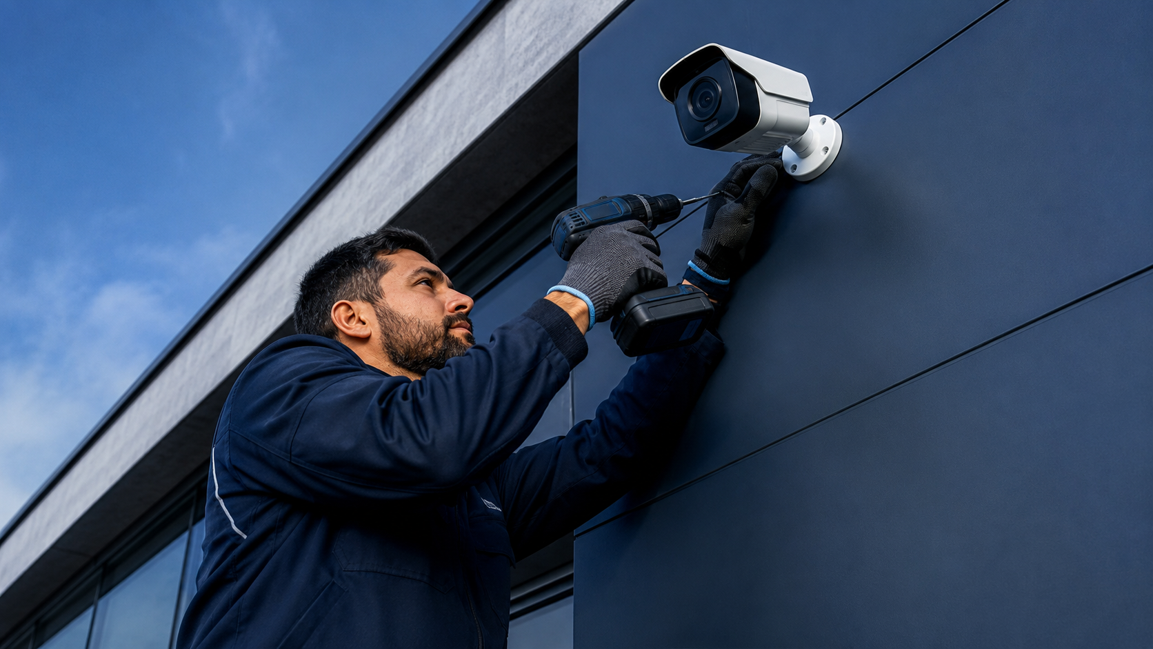 Técnico da 2WL instalando uma câmera de segurança na fachada de um prédio comercial