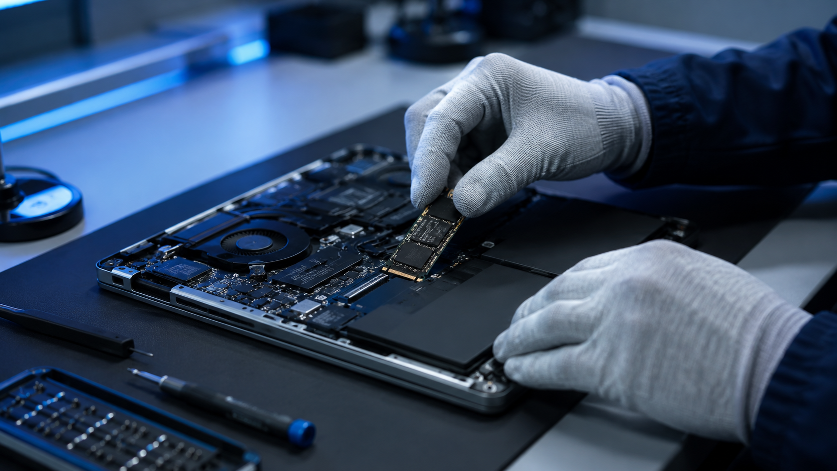 Mãos com luvas antiestáticas instalando um SSD dentro de um notebook na bancada do laboratório da 2WL